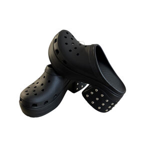 Unisex Croc Men 12 /Women 14 Platform Clogs Black, Silver Studded Heels "Siren"